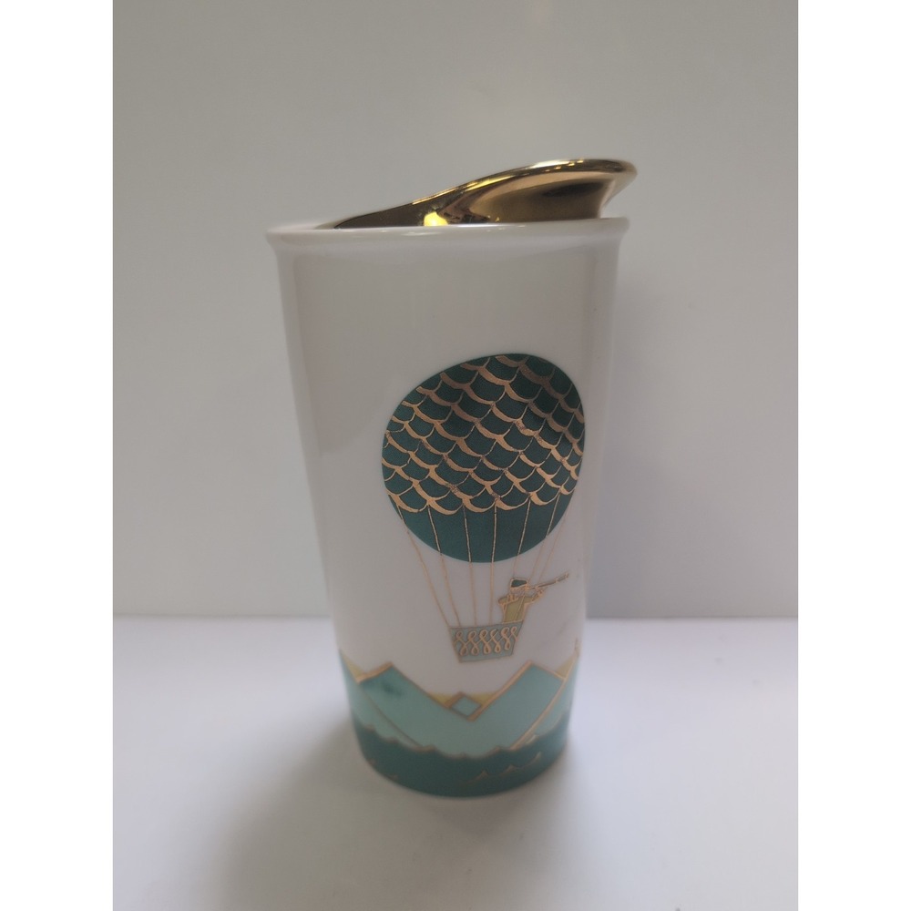 Starbucks HOT AIR BALLOON Ceramic 12oz Coffee Travel Tumbler w/ GOLD Lid 2014